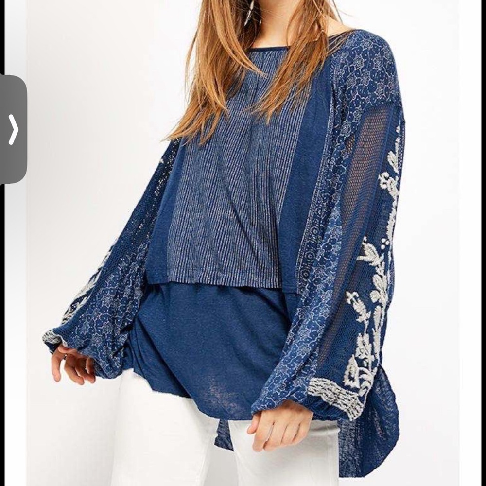 Free People Indigo Dreams Tunic Top Womens Sz S Balloon Sleeve Embroidered Blue